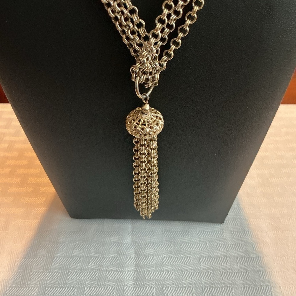 Multi Chain Long Antique Gold Tone Pendant Necklace